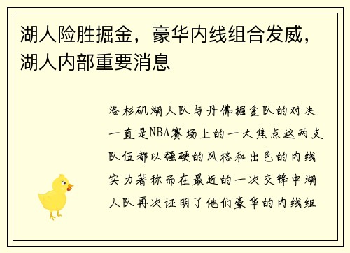 湖人险胜掘金，豪华内线组合发威，湖人内部重要消息