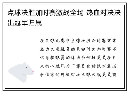 点球决胜加时赛激战全场 热血对决决出冠军归属