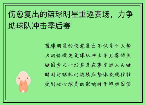 伤愈复出的篮球明星重返赛场，力争助球队冲击季后赛